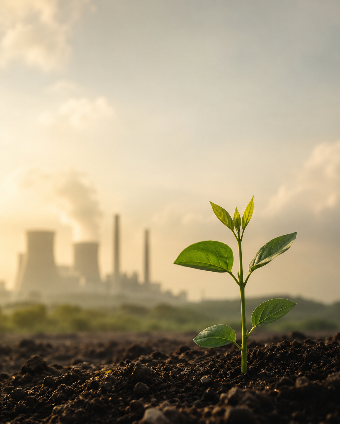 Muda verde crescendo diante de um complexo industrial ao entardecer